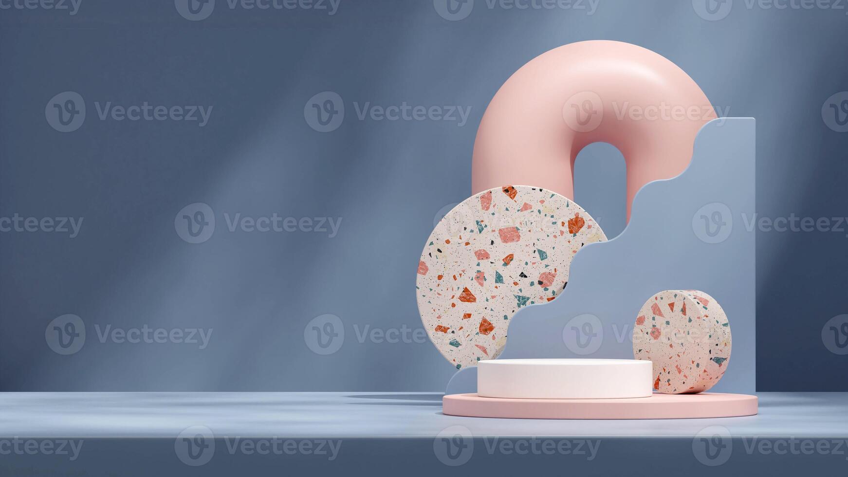 3d rendering mockup white and pink podium in landscape with geometrical stair shape and arch photo