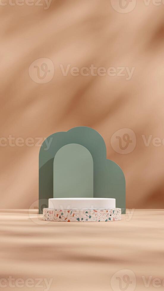 3d rendering mockup template white and terrazzo texture podium in portrait with green arch backdrop photo