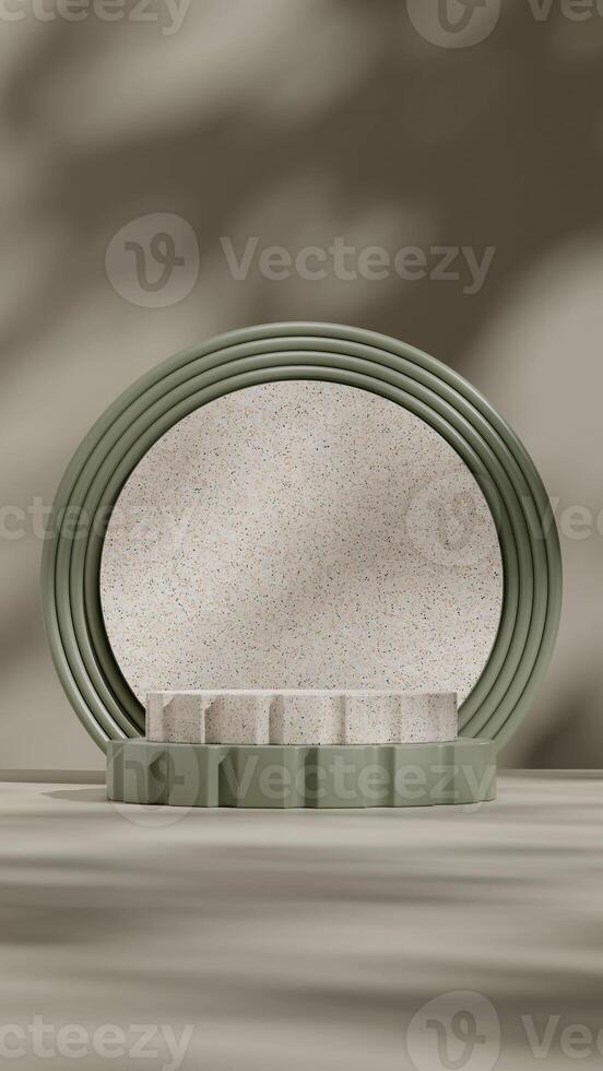 Empty podium scene moss green color with terrazzo stone texture in portrait 3d rendering mockup photo