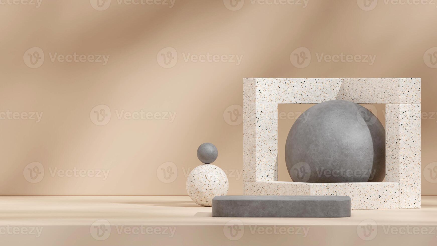 Minimal scene of concrete and terrazzo texture podium and sphere 3d render mockup in landscape photo