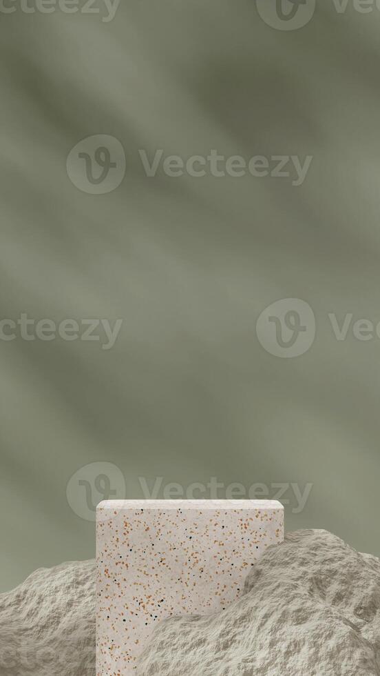 3d rendering mockup template of natural terrazzo texture podium in portrait with sage green rock photo