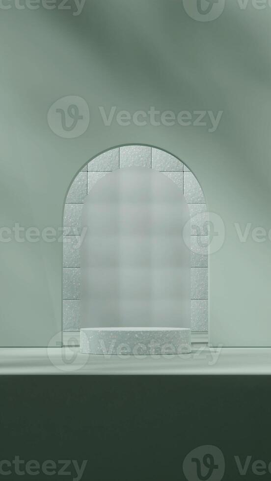 3d rendering mockup template empty scene green terrazzo texture podium in portrait with glass photo
