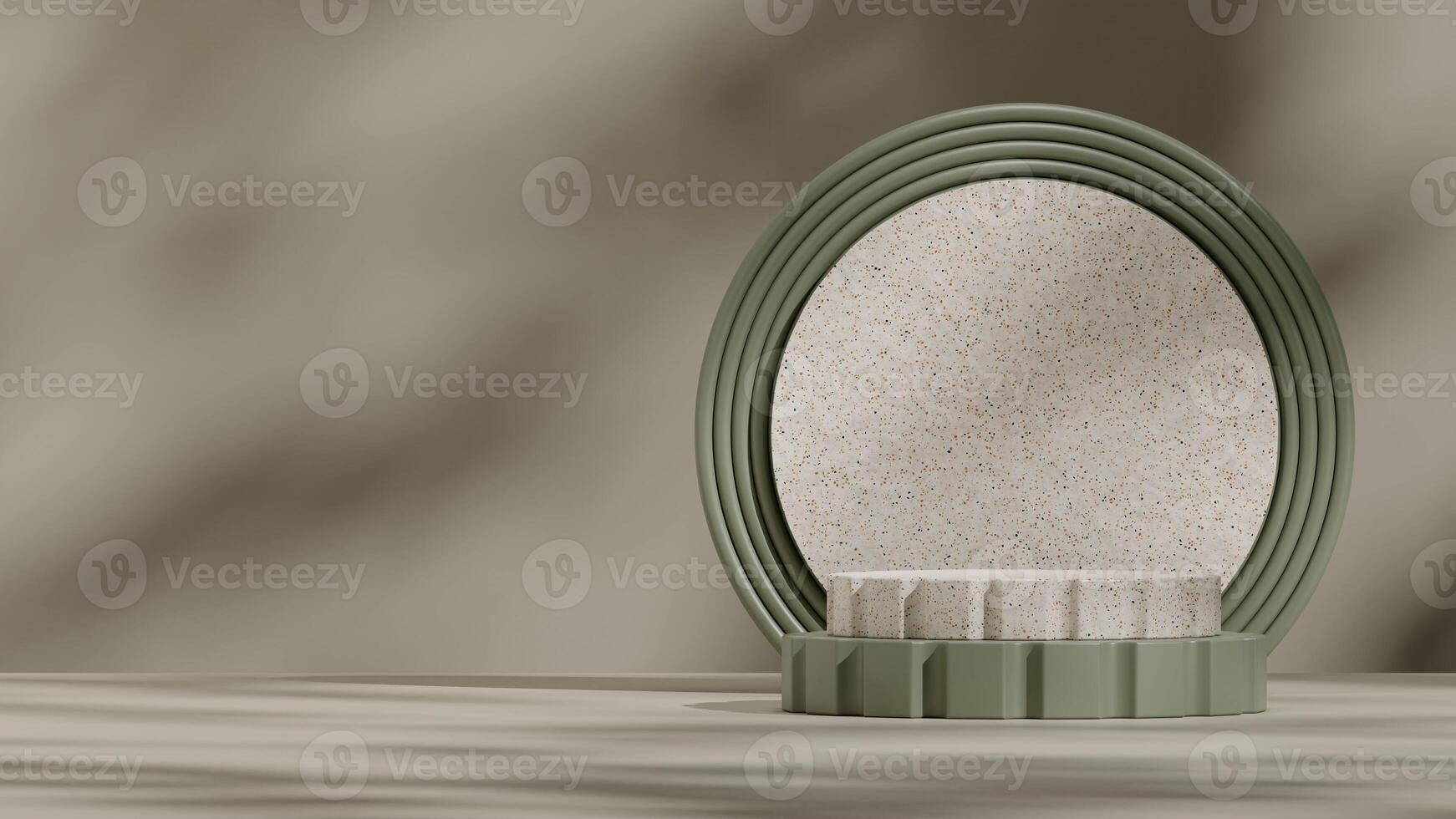Empty podium scene moss green color with terrazzo stone texture in landscape 3d rendering mockup photo