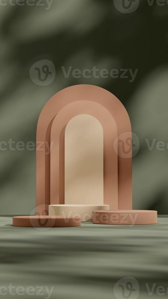 3d rendering image mockup of cylinder podium in portrait layout with boho rainbow backdrop photo