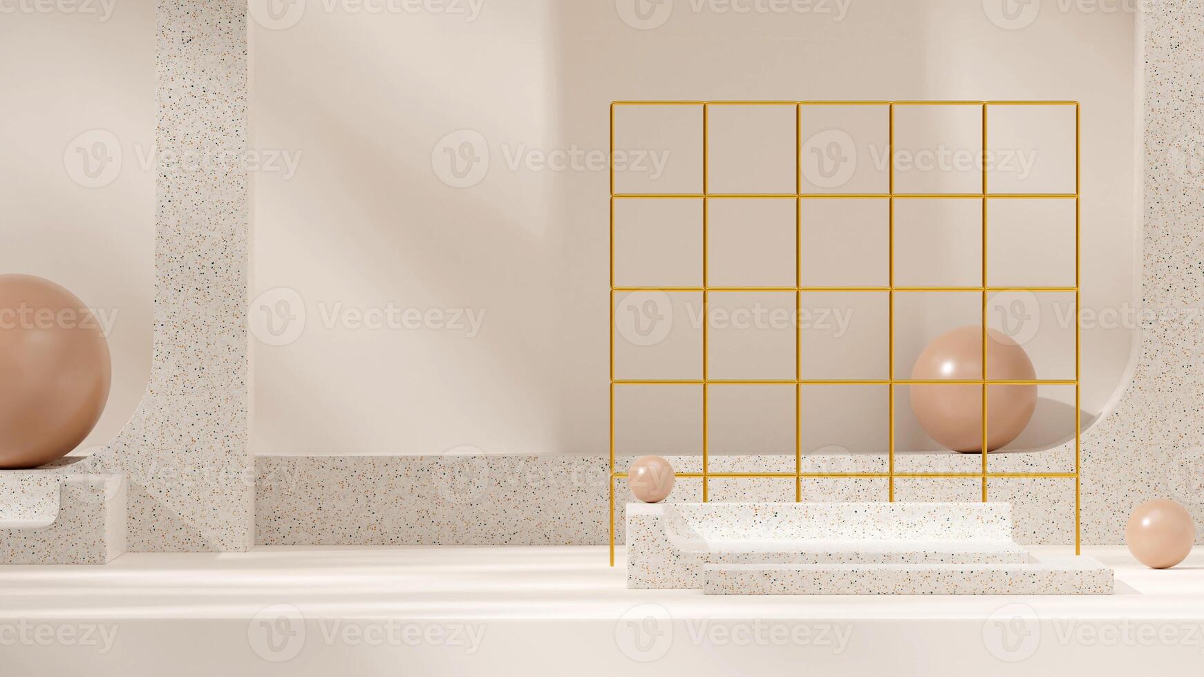 terrazzo texture podium in landscape with gold grid and brown sphere 3d rendering template mockup photo