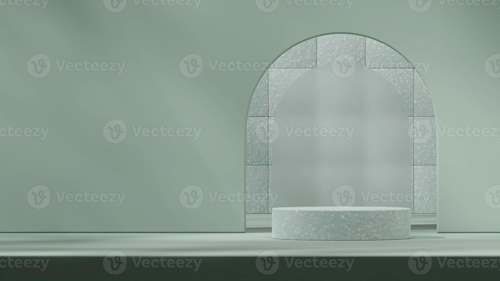3d rendering mockup template empty scene green terrazzo texture podium in landscape with glass photo
