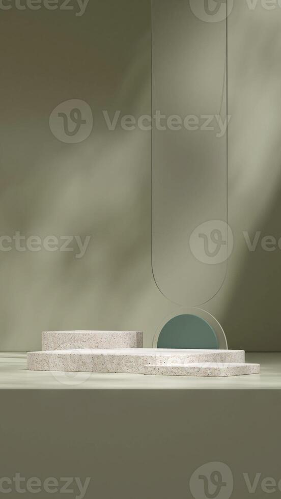 3d rendering template mockup of terrazzo texture podium in portrait with falling glass green wall photo