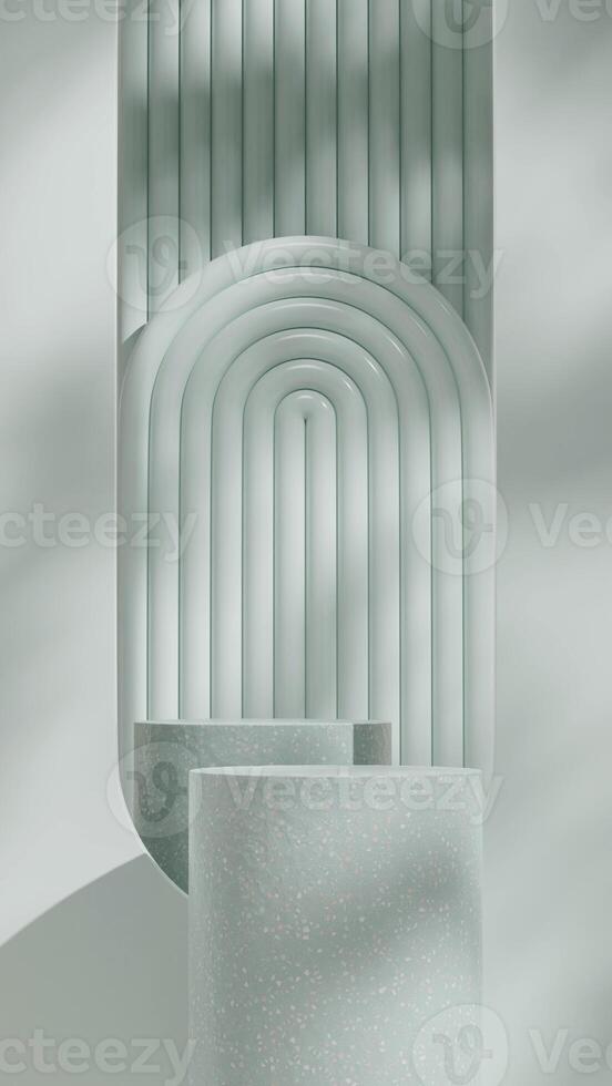 Green terrazzo stone texture boho style rainbow and podium 3d rendering mockup in portrait layout photo