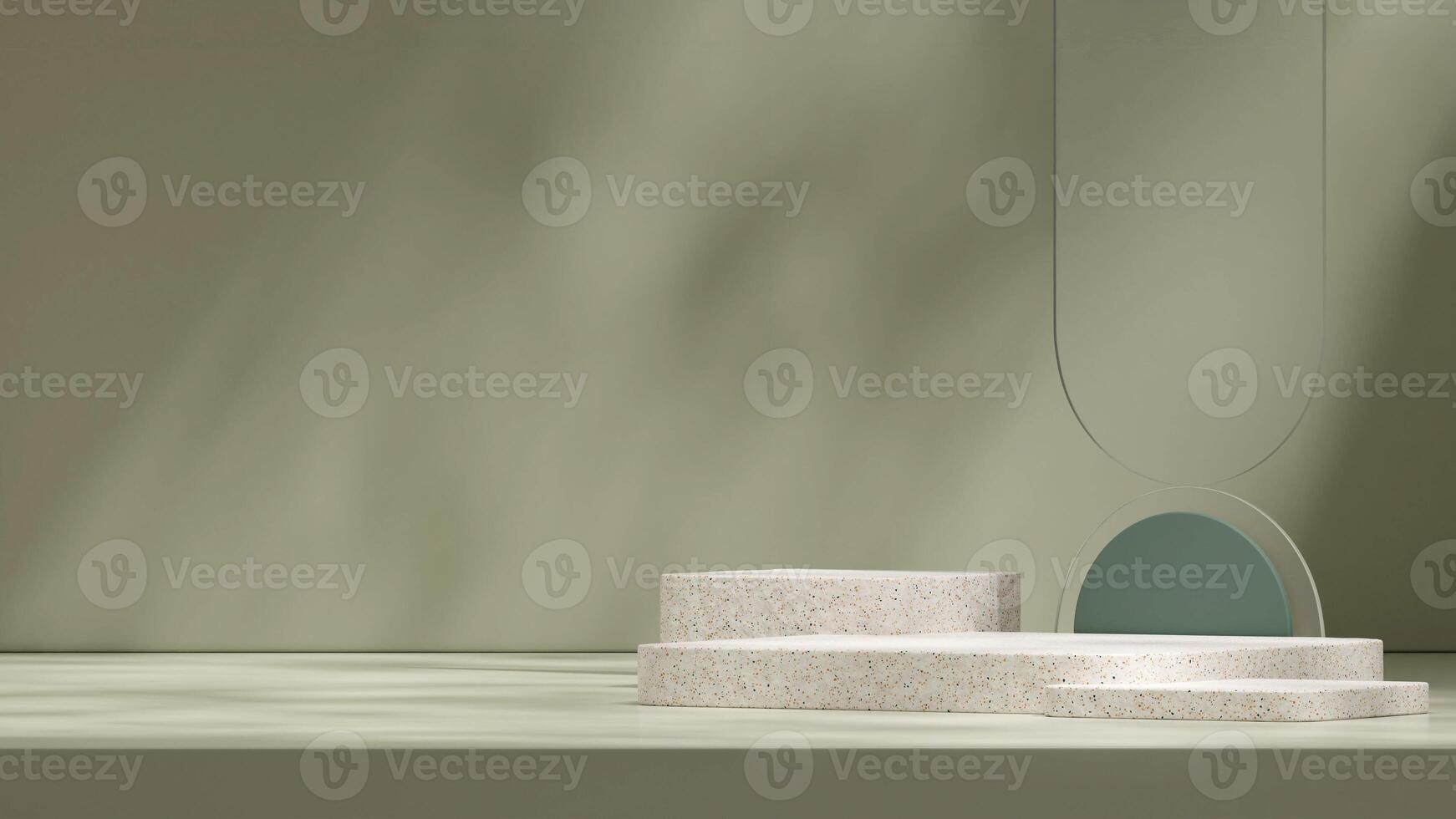 3d rendering template mockup of terrazzo texture podium in landscape with falling glass green wall photo