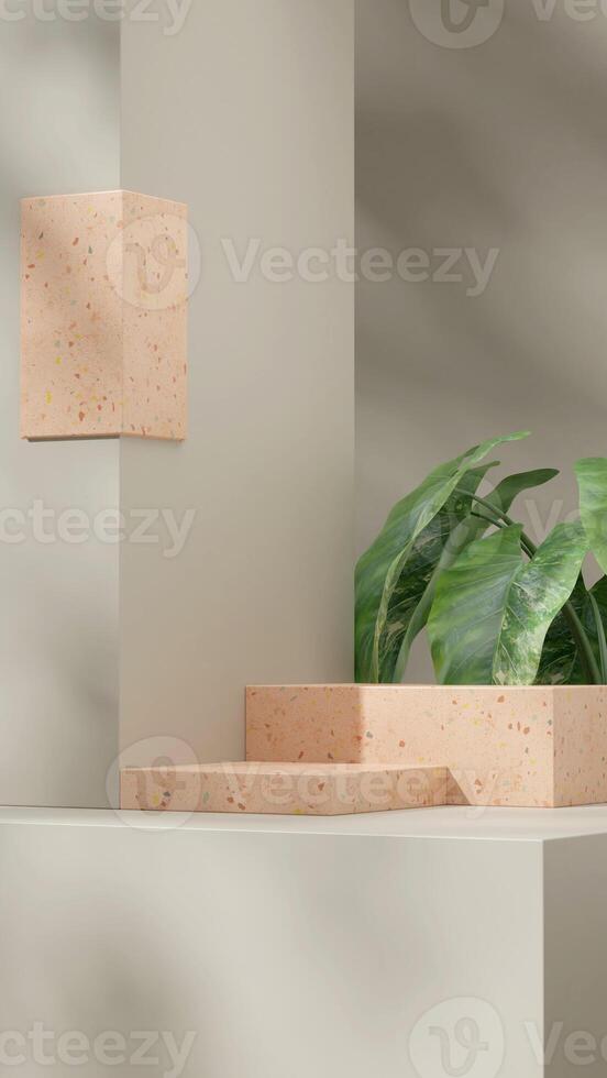 Portrait layout green wall and alocasia plant 3d rendering mockup of brown terrazzo texture podium photo