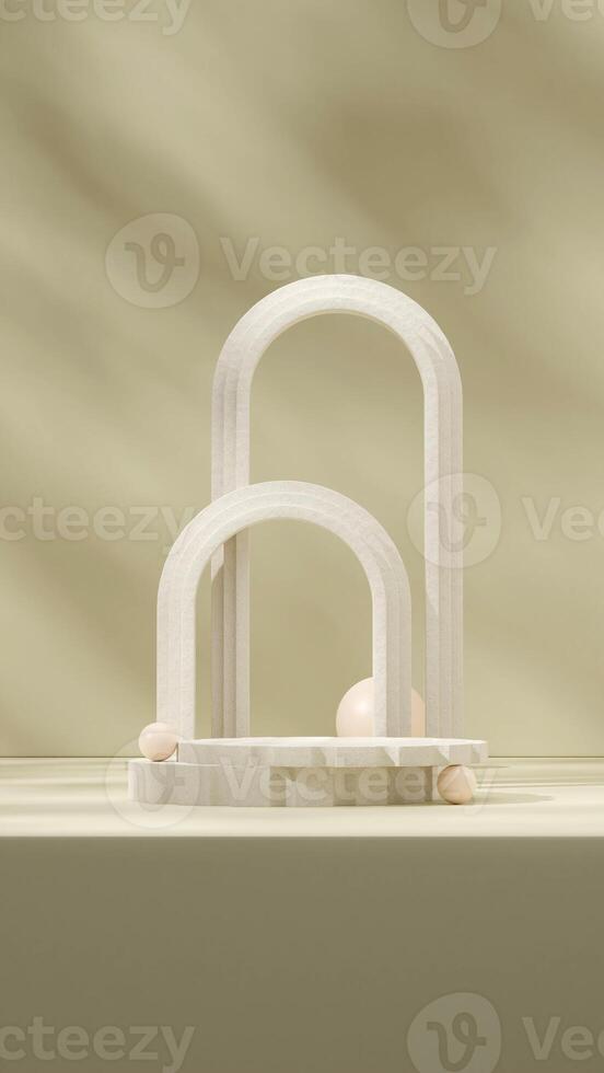 Arch, brown sphere, and green wall 3d render scene mockup of terrazzo texture podium in portrait photo