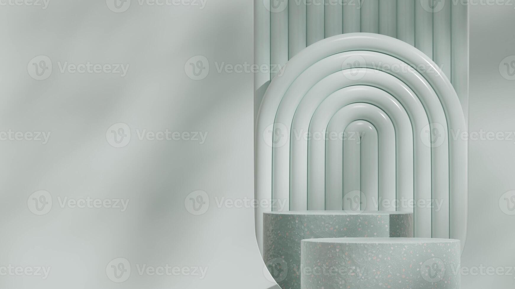 Green terrazzo stone texture boho style rainbow and podium 3d rendering mockup in landscape layout photo