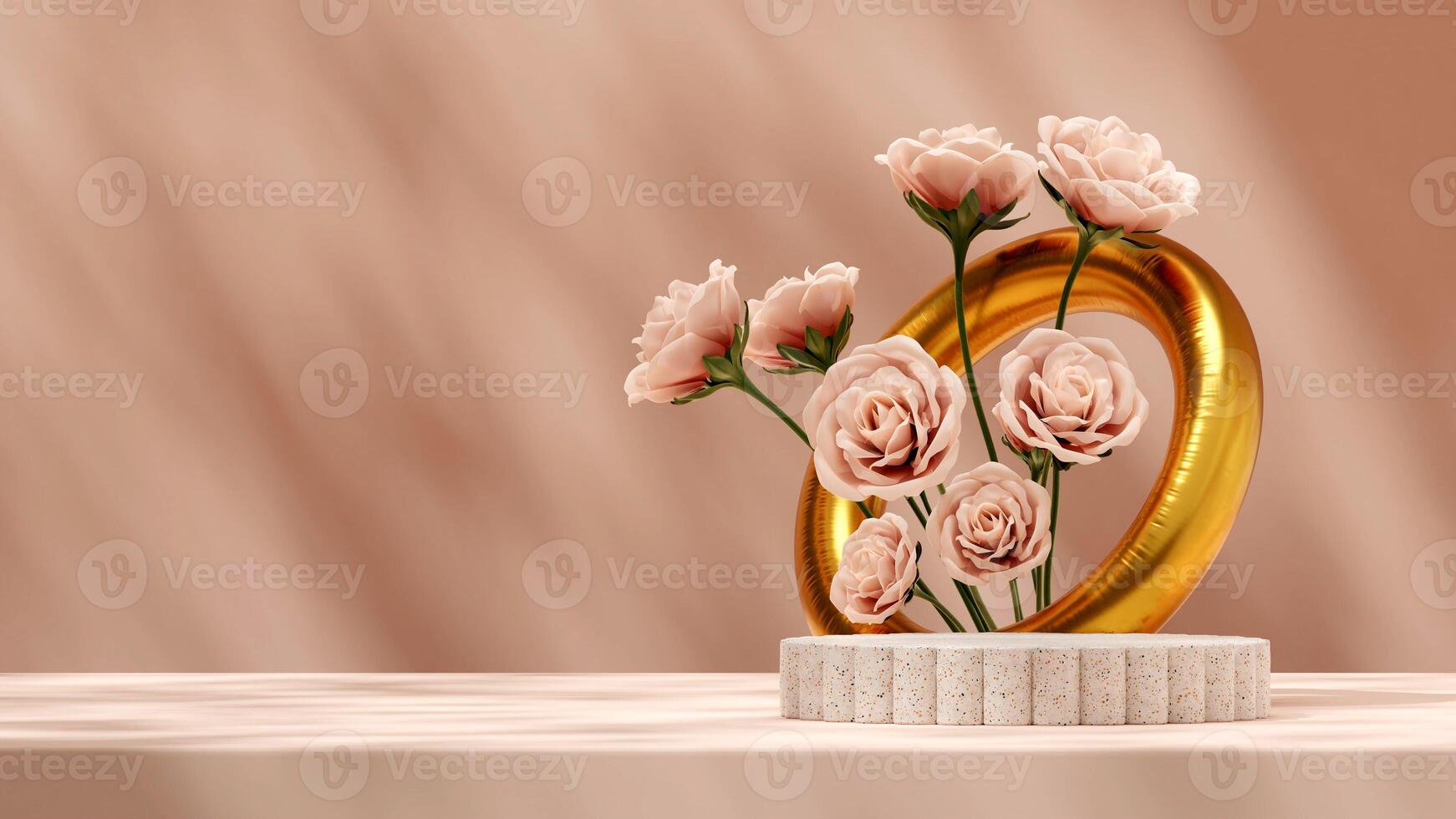 3d rendering mockup template of terrazzo texture podium in landscape with pink rose and gold ring photo