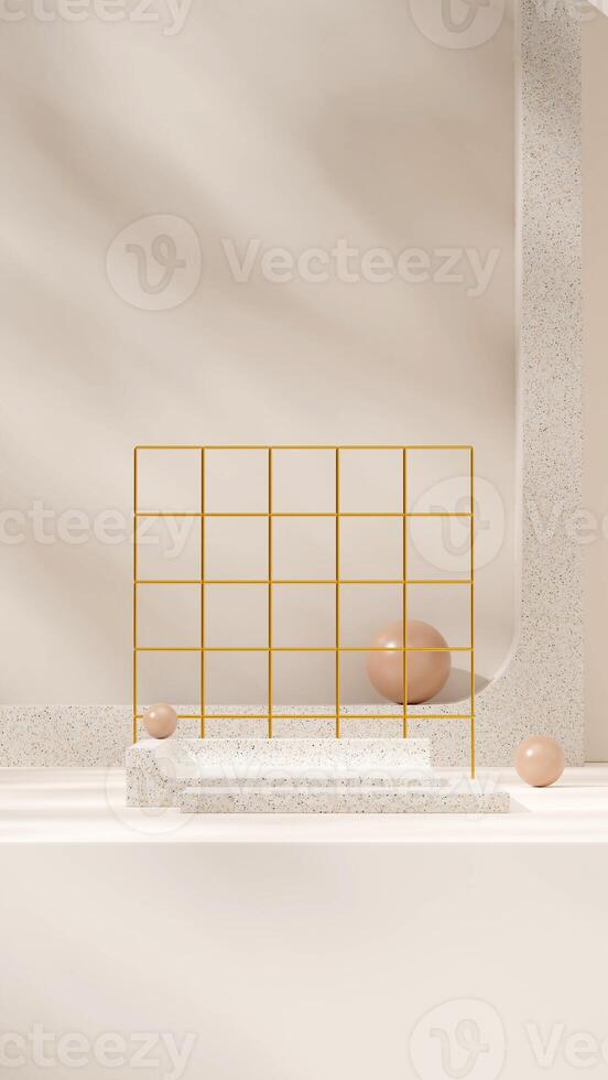 terrazzo texture podium in portrait with gold grid and brown sphere 3d rendering template mockup photo
