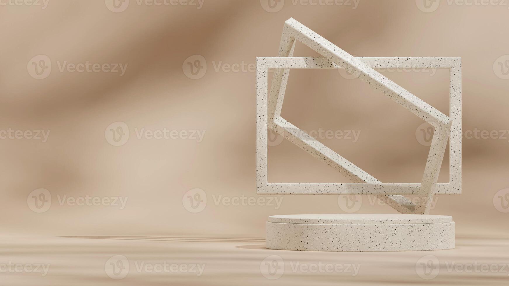 3d rendering mockup template of natural ceramic texture podium in landscape with floating frame photo