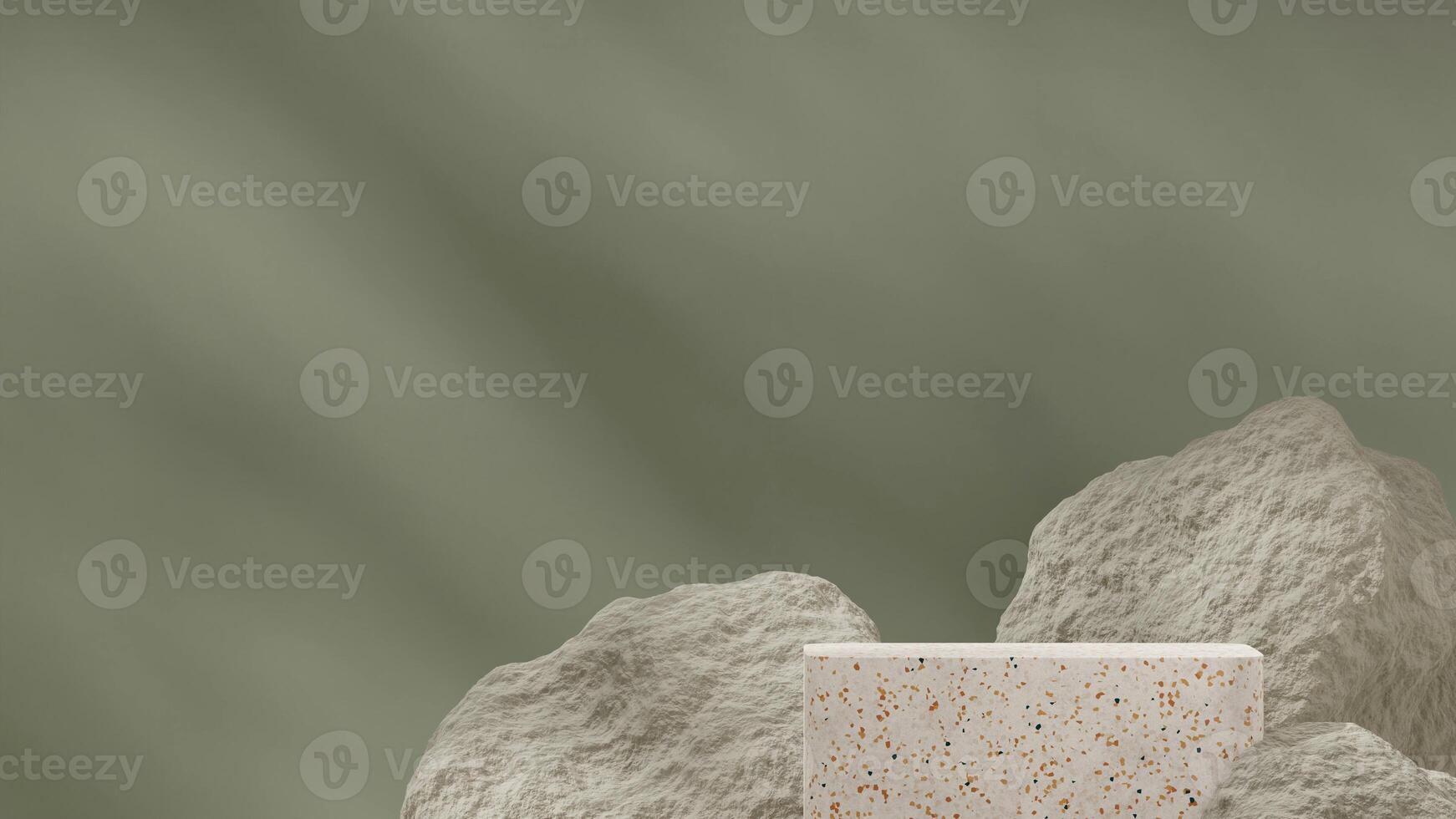 3d rendering mockup template of natural terrazzo texture podium in landscape with sage green rock photo