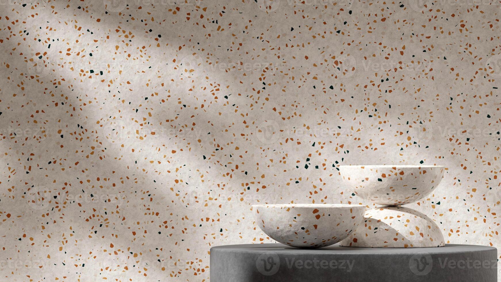 Full terrazzo and concrete texture 3d rendering mockup scene podium product placement in landscape photo