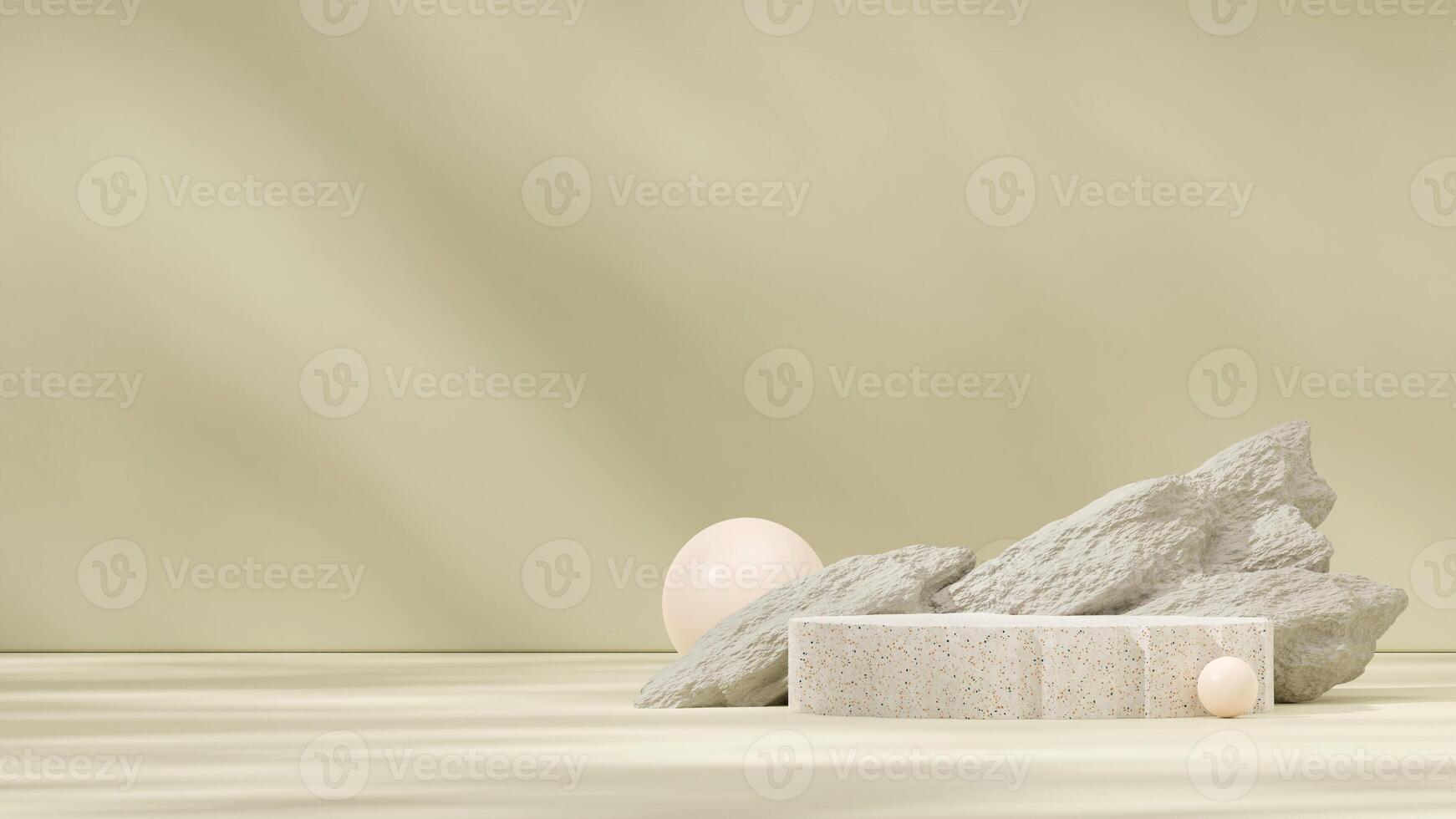 Mockup scene of terrazzo texture podium in landscape with green rock and brown ball 3d rendering photo