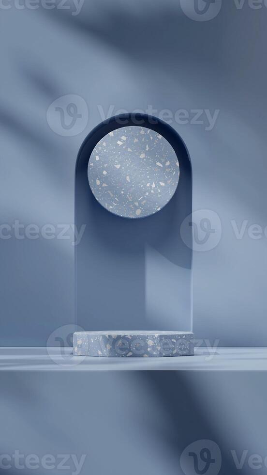Blue color empty 3d rendering scene mockup of podium product in portrait with arch and terrazzo photo