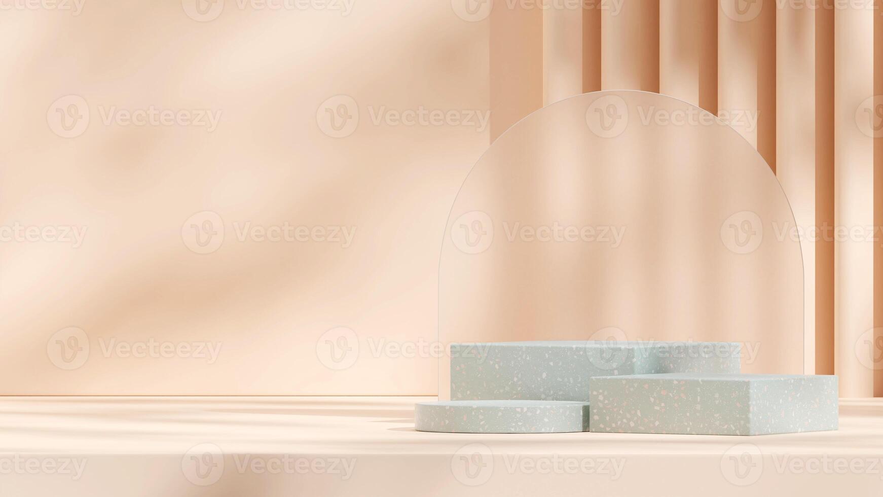 Space mockup of green terrazzo texture podium in landscape with frosted glass and wall 3d rendering photo