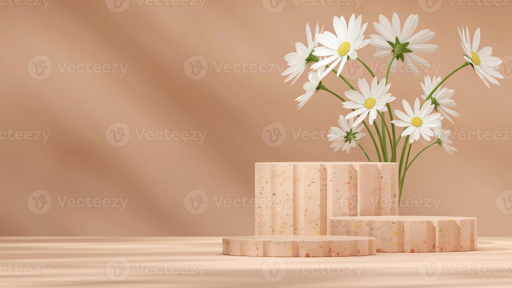 Brown terrazzo texture podium in landscape with white daisy and brown wall 3d rendering mockup scene photo