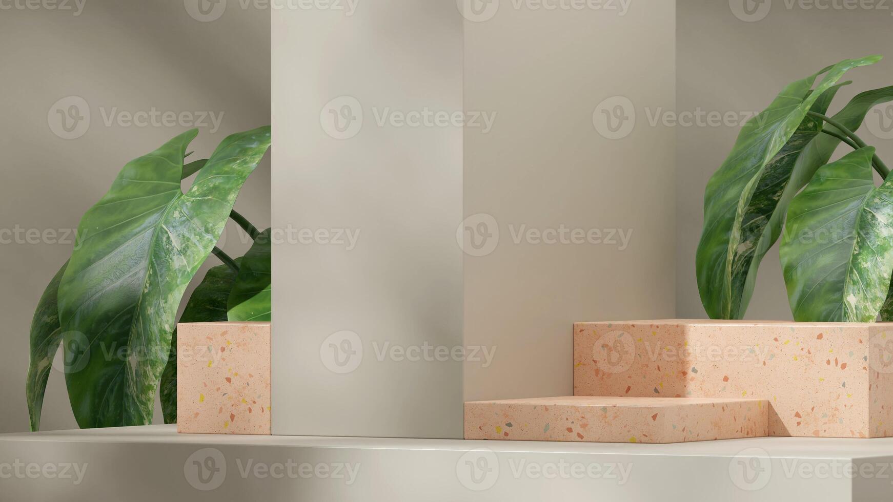 Landscape layout green wall and alocasia plant 3d rendering mockup of brown terrazzo texture podium photo