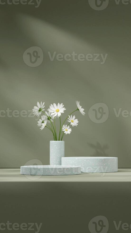 Green terrazzo texture podium in portrait with white daisy in pot 3d rendering space mockup scene photo