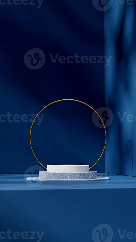 Blue terrazzo texture and white podium 3d rendering mockup in portrait with gold ring background photo