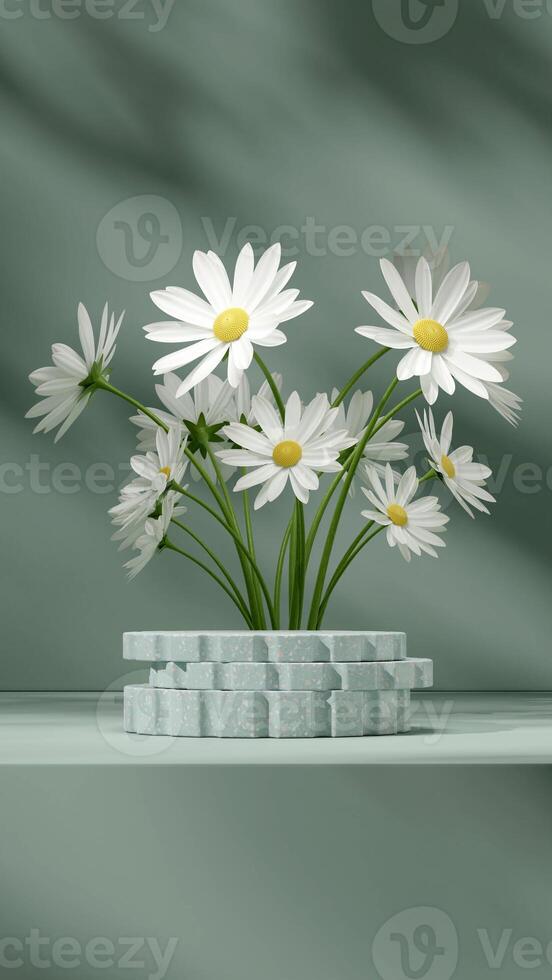 Portrait layout 3d rendering mockup image of green terrazzo podium with daisy flower background photo
