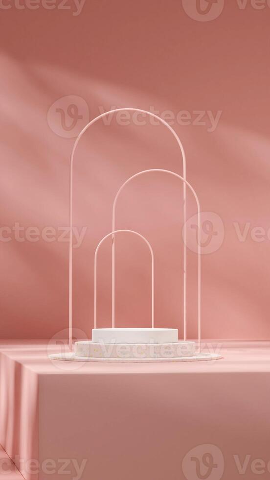 Bright pink empty scene of white and terrazzo podium in portrait with arch backdrop and gobo light photo