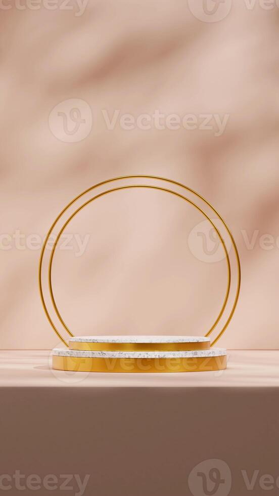 3d rendering mockup template marble and gold texture podium in portrait with circle backdrop photo
