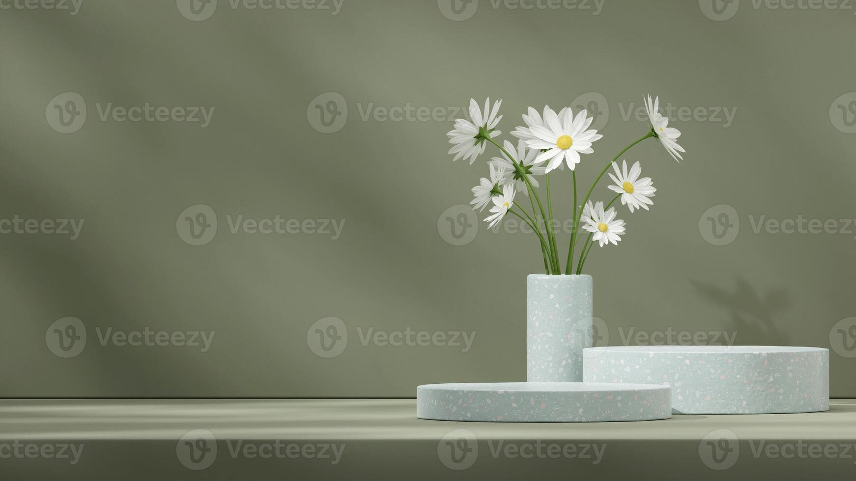 Green terrazzo texture podium in landscape with white daisy in pot 3d rendering space mockup scene photo