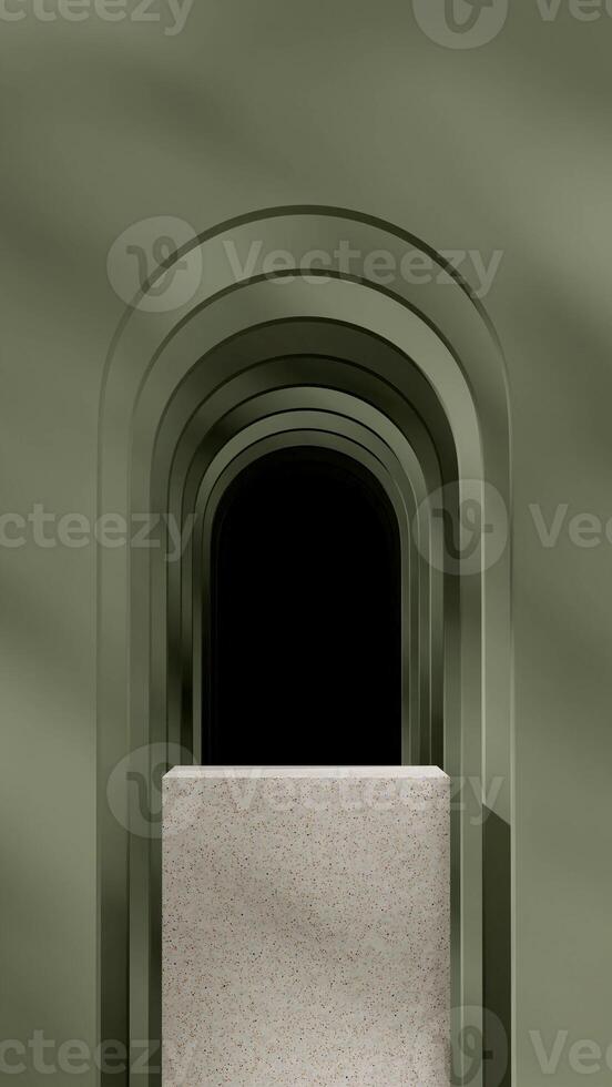 Green arch background 3d rendering mockup space of natural terrazzo texture podium in portrait photo