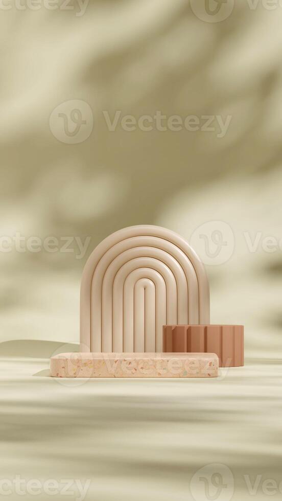 Mockup template brown terrazzo texture podium in portrait with brown arch and pillar 3d rendering photo