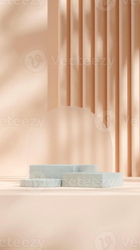Space mockup of green terrazzo texture podium in portrait with frosted glass and wall 3d rendering photo