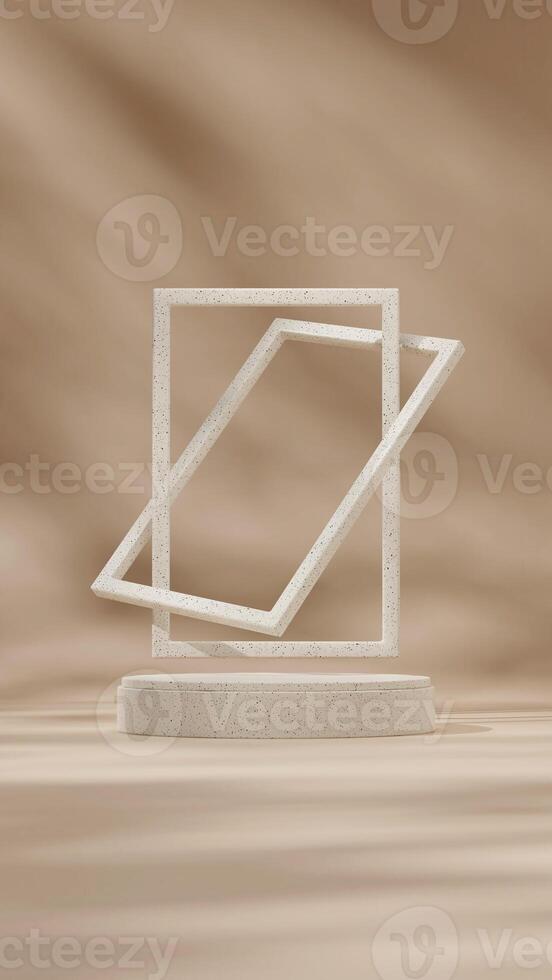 3d rendering mockup template of natural ceramic texture podium in portrait with floating frame photo