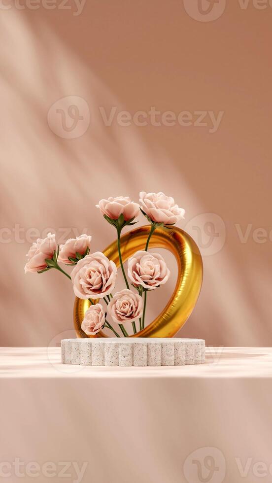 3d rendering mockup template of terrazzo texture podium in portrait with pink rose and gold ring photo