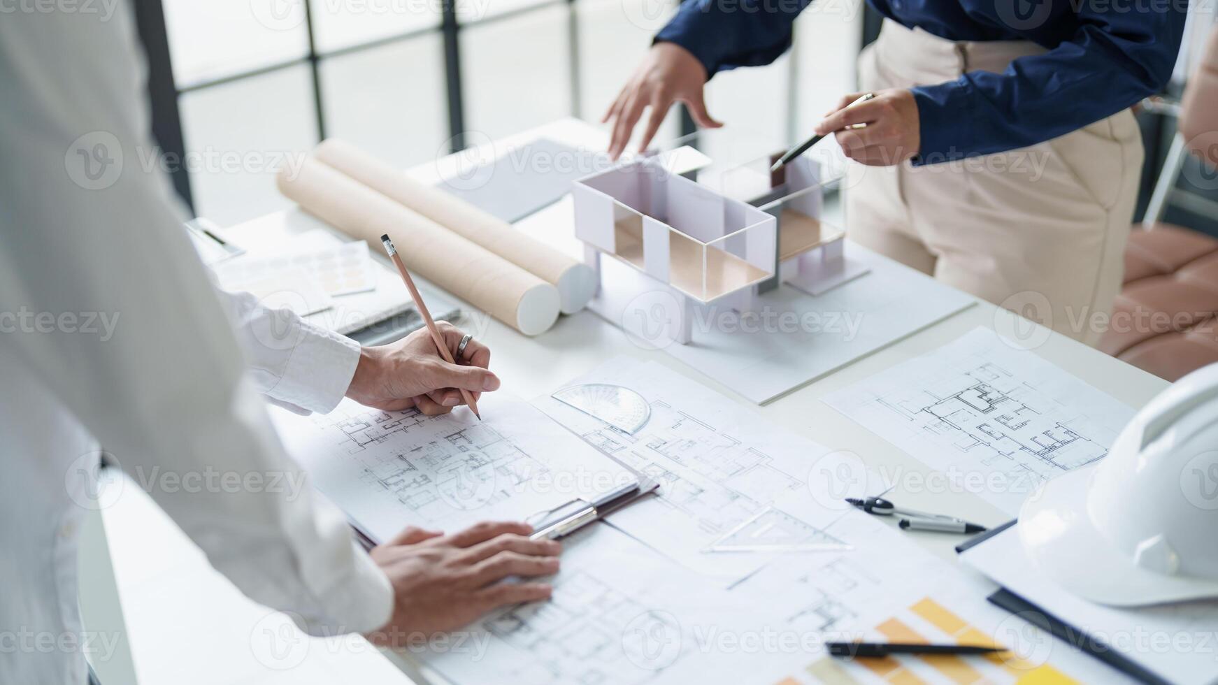 Architecture drawing on architectural Creative project business architecture building construction Industrial engineering Achievement Planning Design on blueprint eco Concept photo