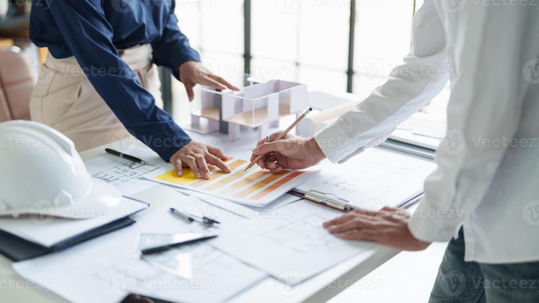 Architecture drawing on architectural Creative project business architecture building construction Industrial engineering Achievement Planning Design on blueprint eco Concept photo