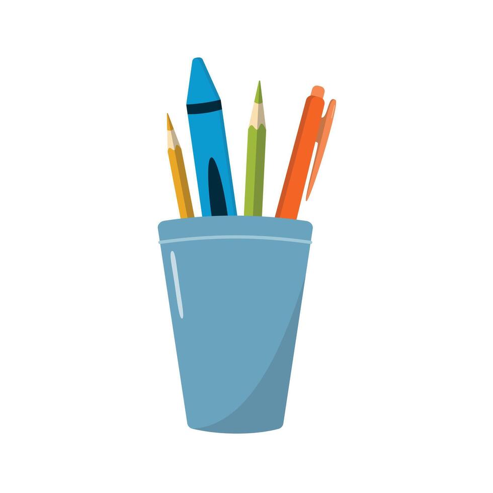 Cup with stationery pen, pencils and crayon. Back to school illustration. Isolated on white background vector