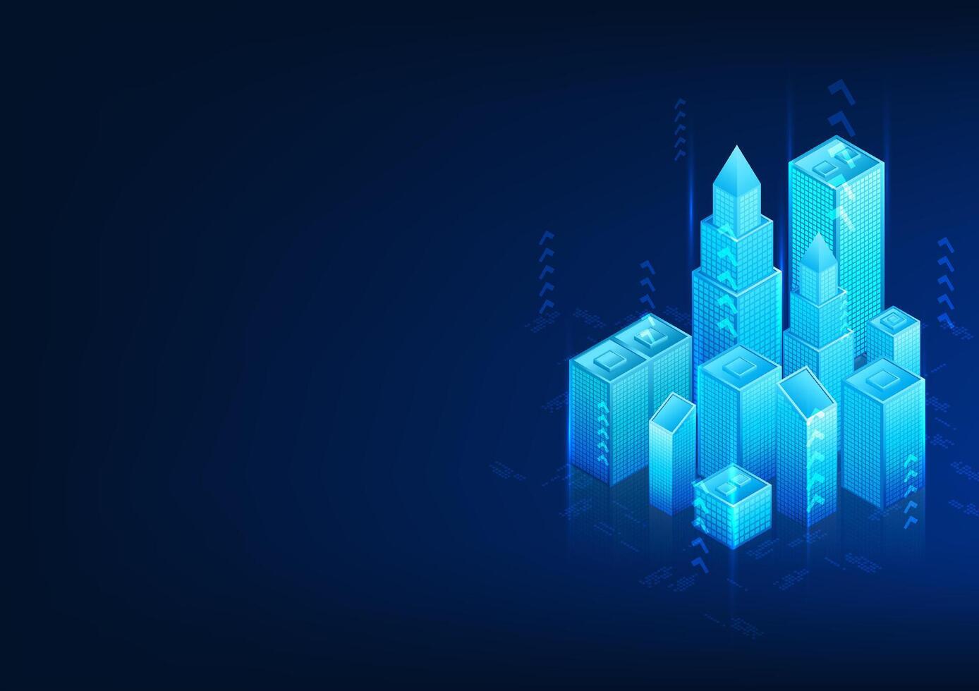 Smart city technology Isometric view with arrows around it. Shows a city that has been developed with modern technology. Attracting investors to become an economic leader city vector