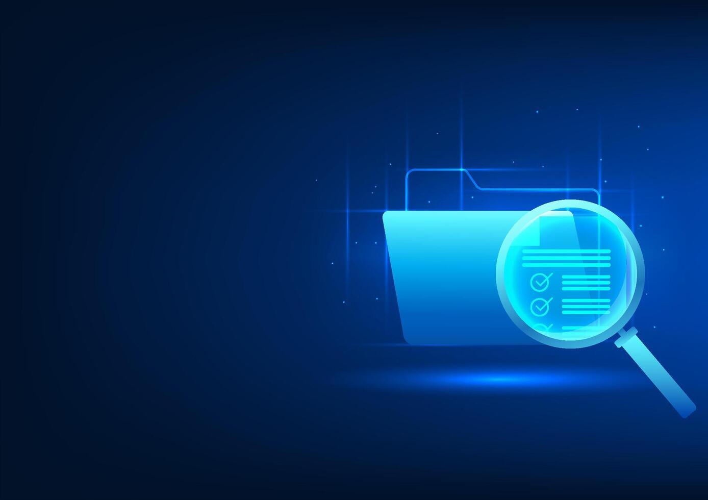 Information search technology The document icon in front is a magnifying glass that allows you to view the document. Shows the use of cyber technology to search for data stored in cloud systems. vector