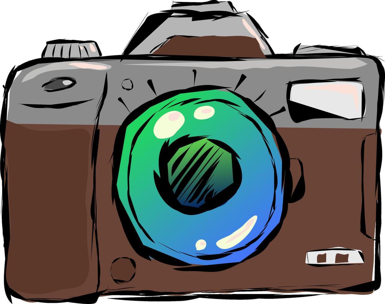 Old retno photo camera is brown with an aluminum finial. illustration camera full-face view with large colored glass of blue-green color. The drawing is made in the sketch style of strokes. vector