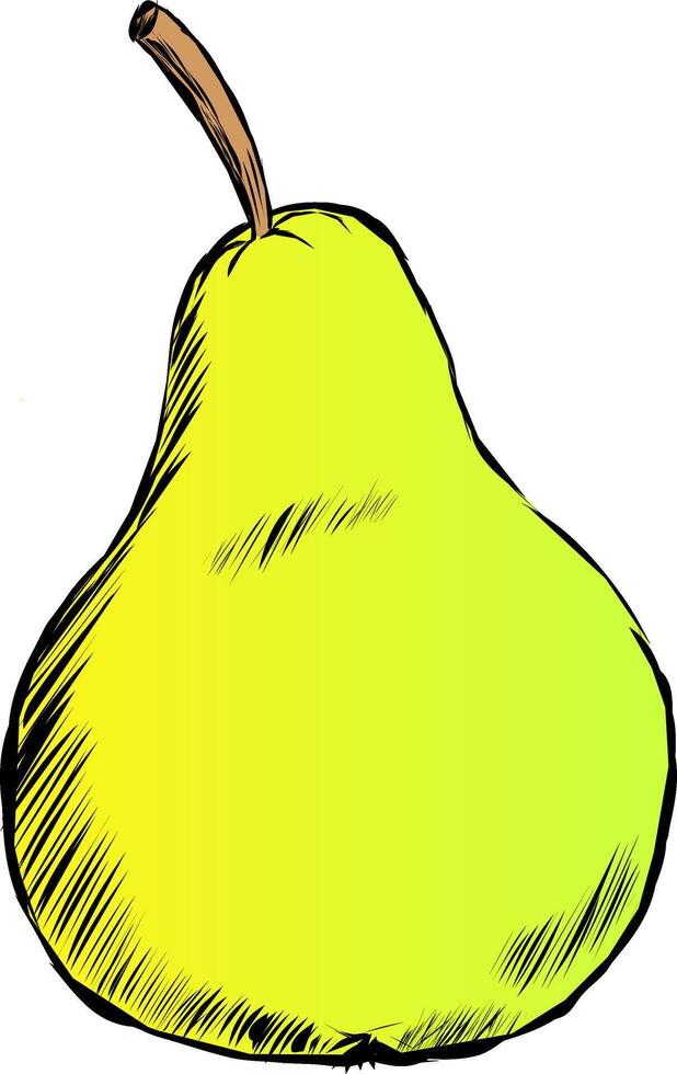 A yellow pear with a stick is drawn with a torn black outline in the sketch style. illustration vector