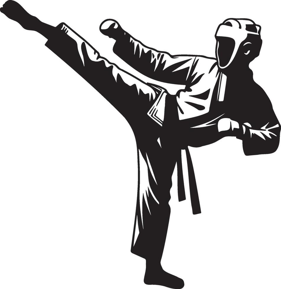 Male Taekwondo Player Kick Silhouette. vector