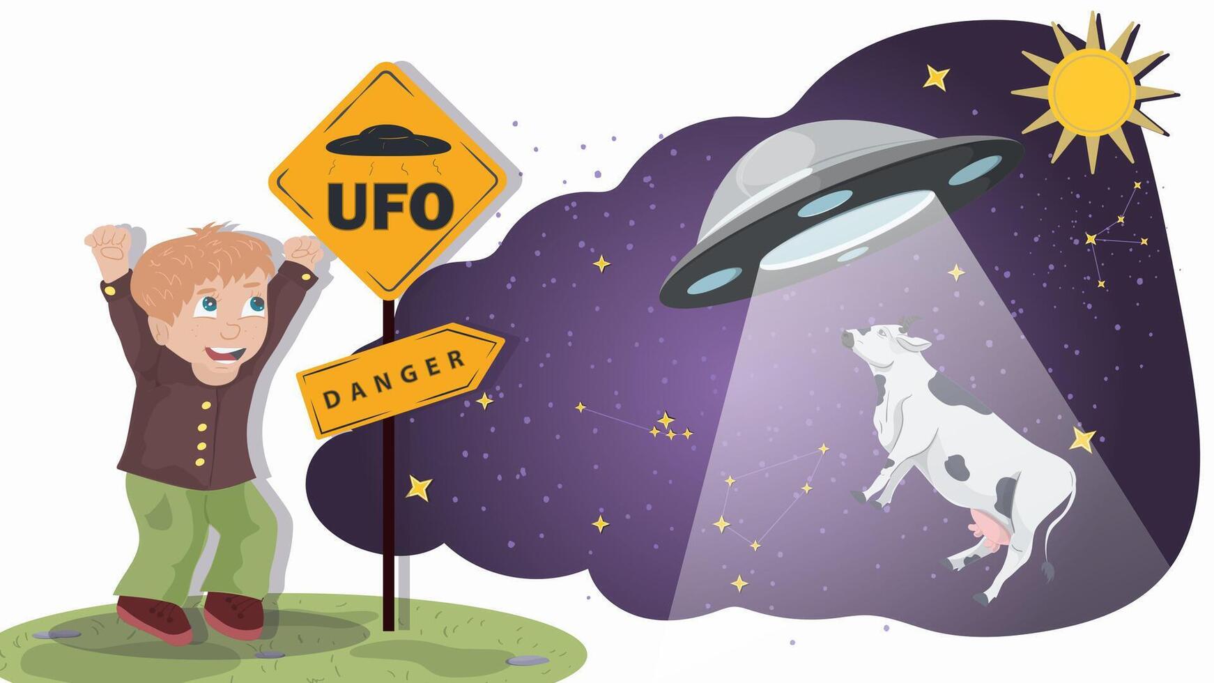 A little boy in a brown shirt stands next to a warning sign against the background of a UFO that kidnaps a cow flat illustration vector