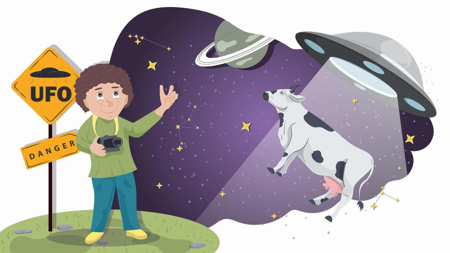 A little boy with a camera stands next to a warning sign against the background of a UFO that kidnaps a cow flat illustration vector