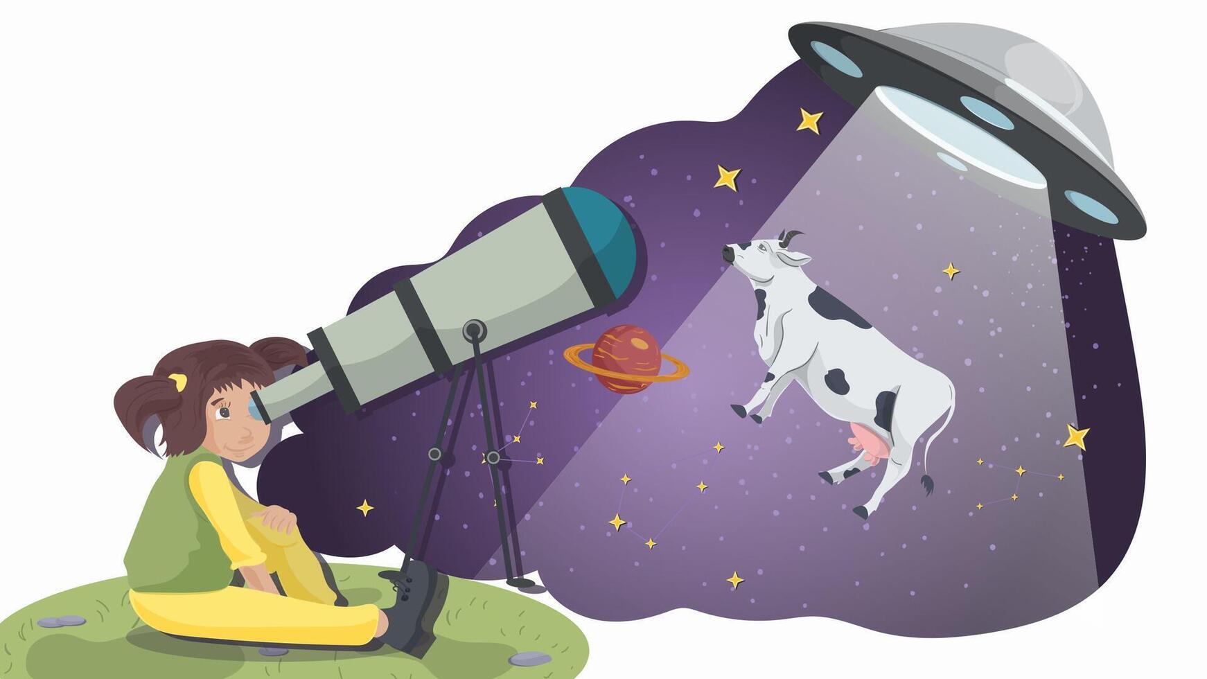 A little girl in yellow pants watches through a telescope for a UFO that kidnaps a cow flat illustration vector
