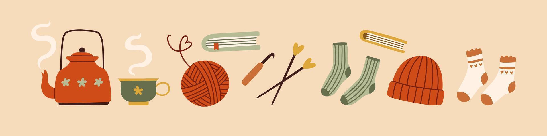 Simple cozy set. Autumn set of hand drawn cute and cozy design elements. Fall, Thanksgiving Day, Autumn season. vector