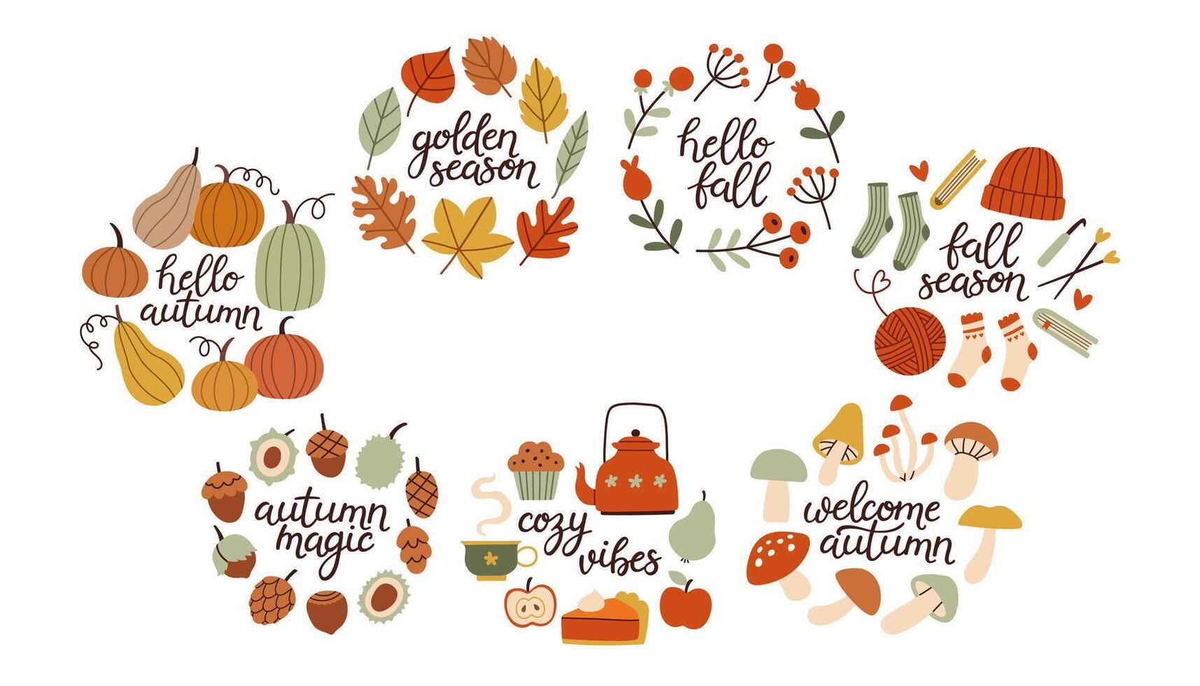 Autumn hand drawn lettering set. Fall season handwritten slogan stickers. Autumn phrases with cute and cozy design elements. Fall inscription collection isolated. vector